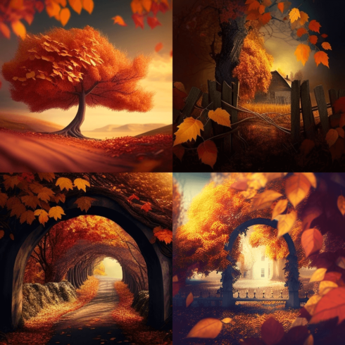 Set of three pictures of a fall scene.