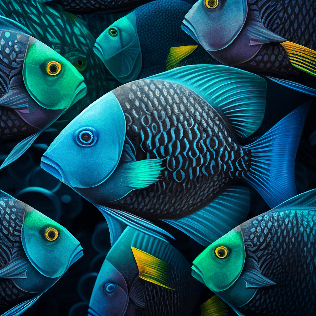 Group of blue and yellow fish swimming together.