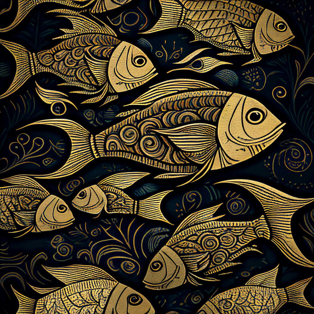 Painting of a group of gold fish.