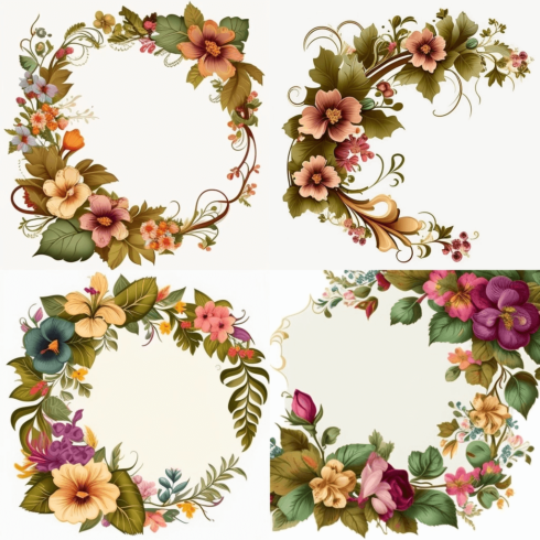 Set of four floral frames with leaves and flowers.