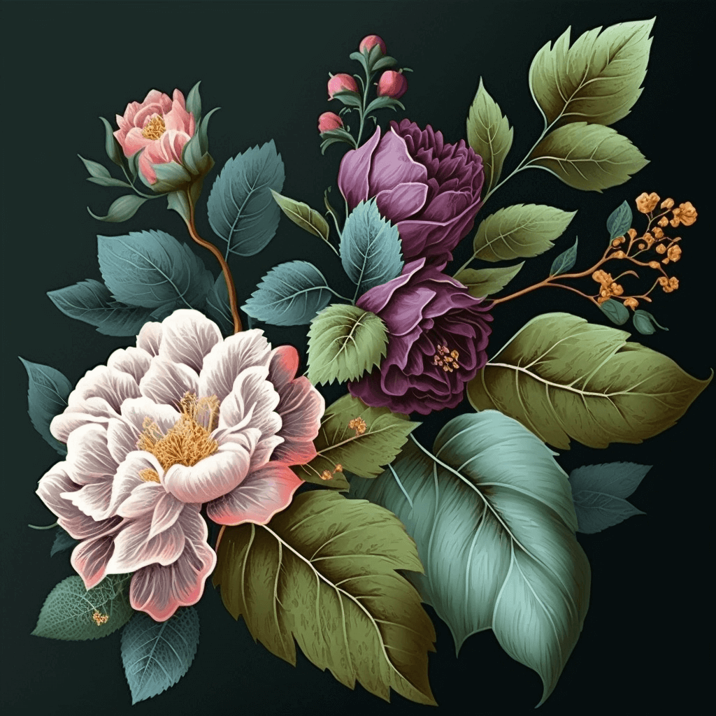 Painting of a bouquet of flowers on a black background.