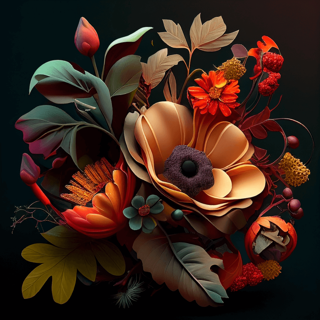 Painting of a bouquet of flowers on a black background.