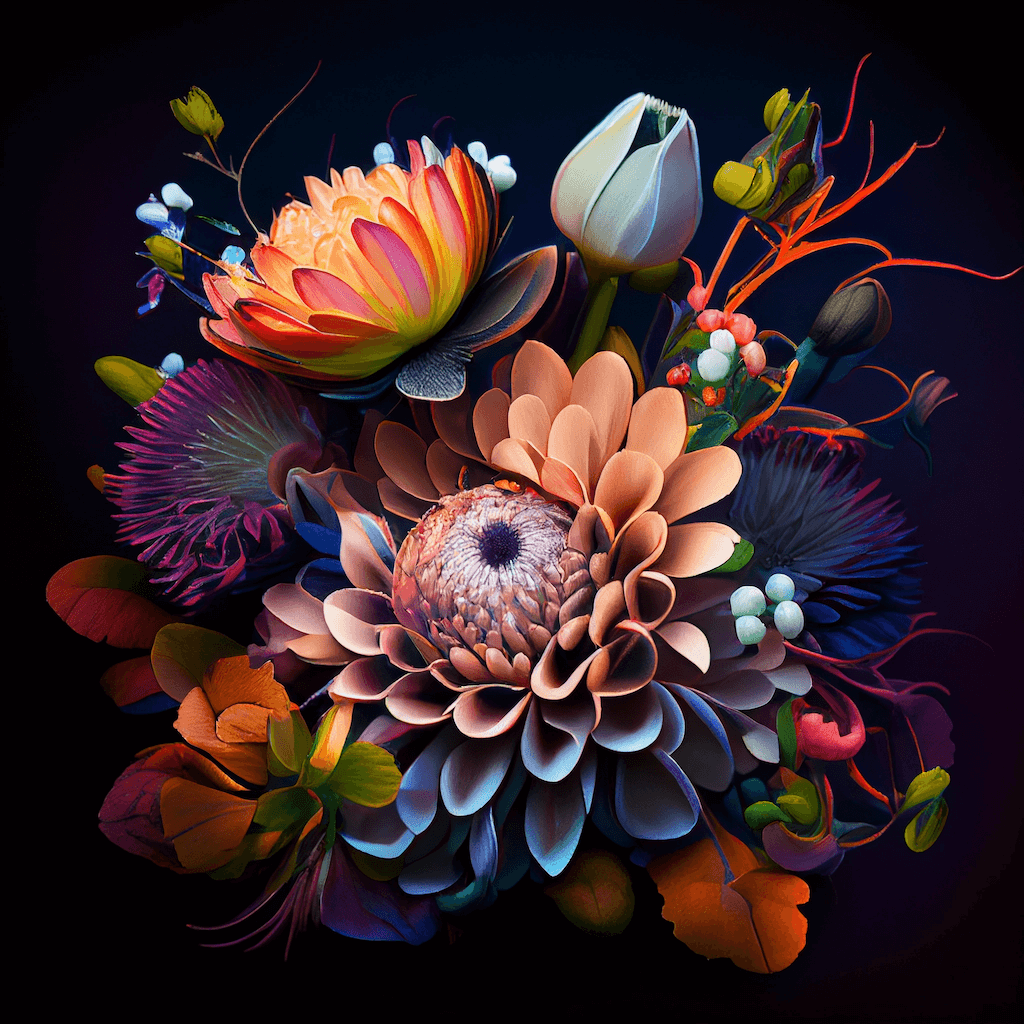 Painting of a bouquet of flowers on a black background.