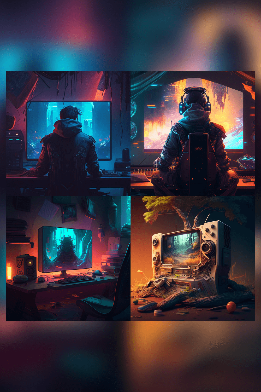 Series of photos of a man sitting in front of a computer monitor.