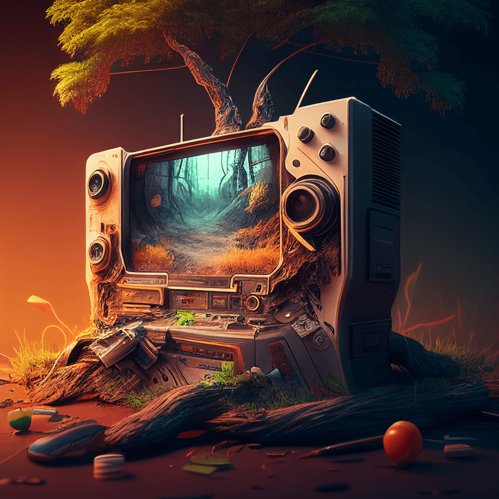 Old tv sitting in the middle of a forest.