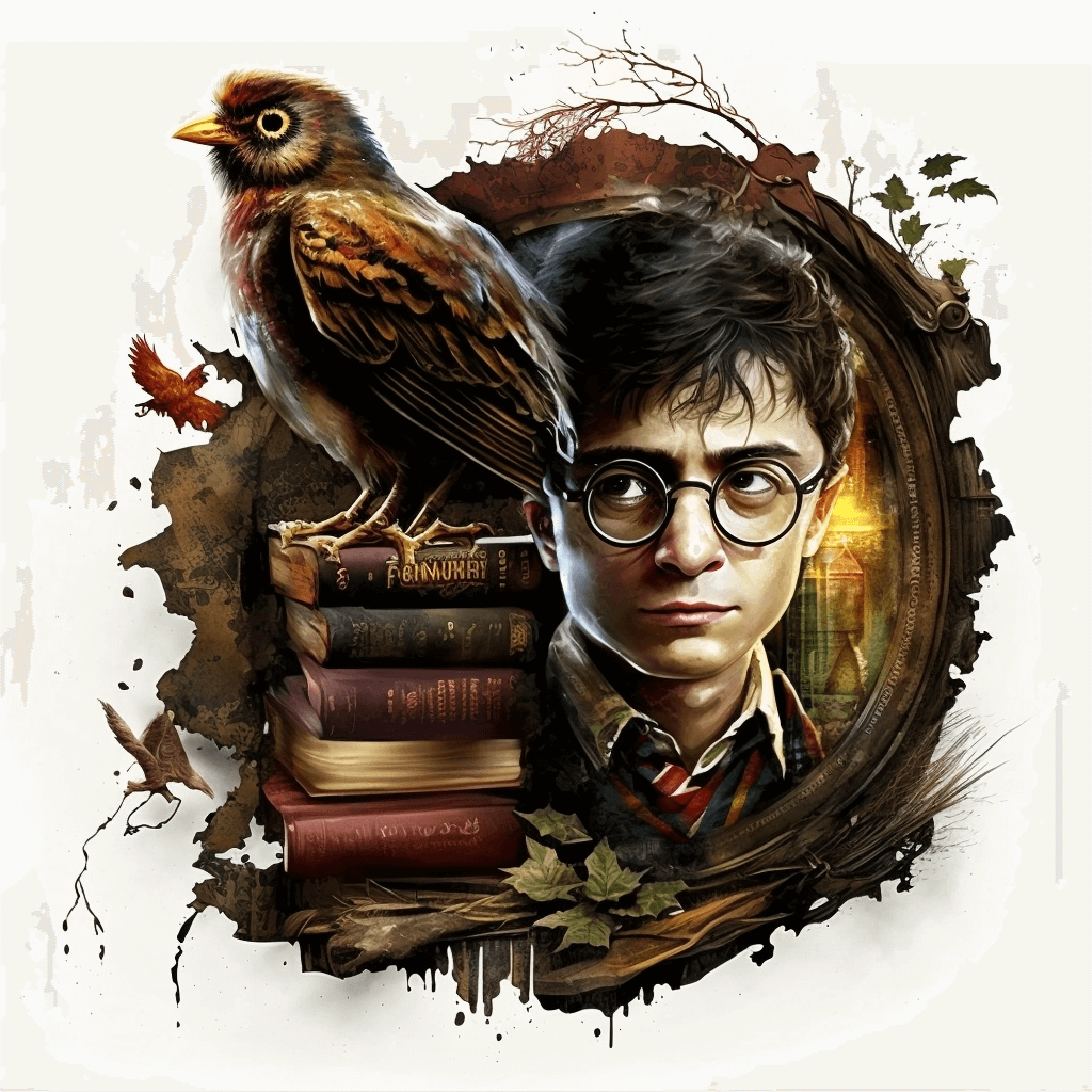 Painting of a harry potter with a bird on top of books.