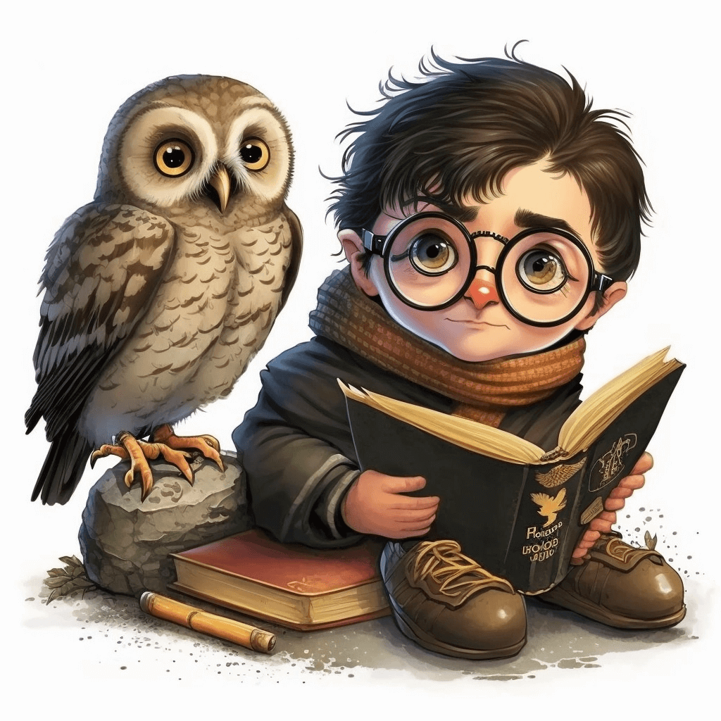 Young boy is reading a book with an owl on his lap.