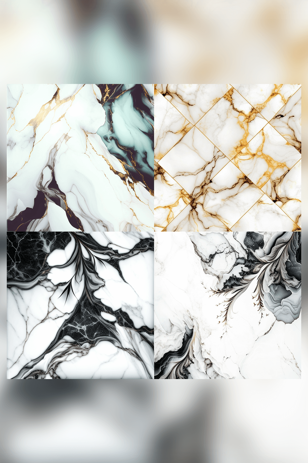 White and black marble background with gold accents.