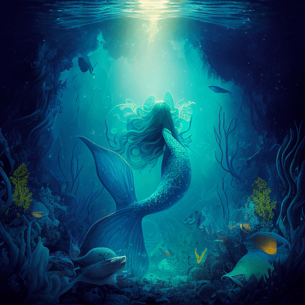 Painting of a mermaid swimming in the ocean.