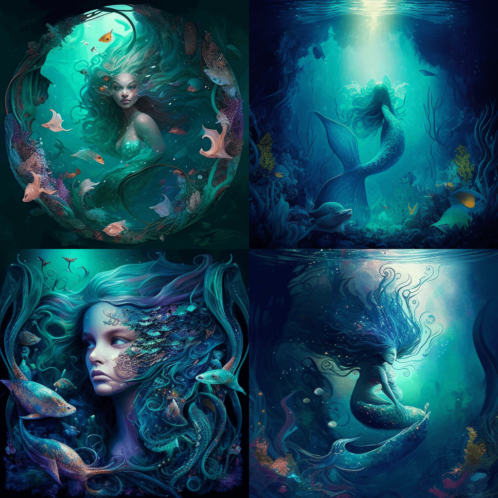 Series of four paintings of mermaids and sea creatures.