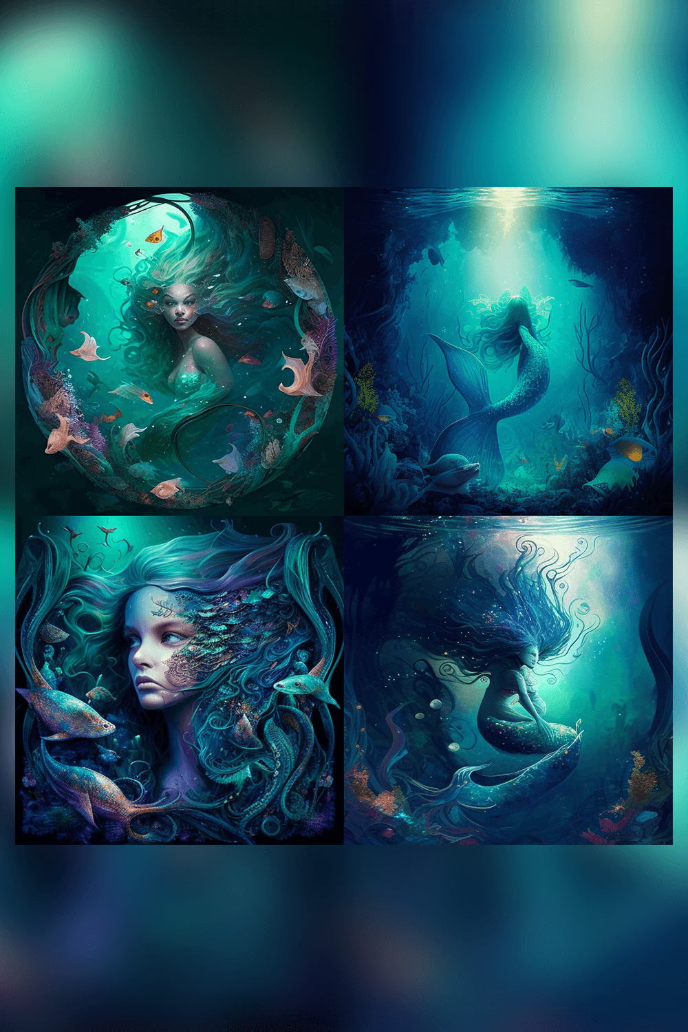 Series of four photos of mermaids in the water.