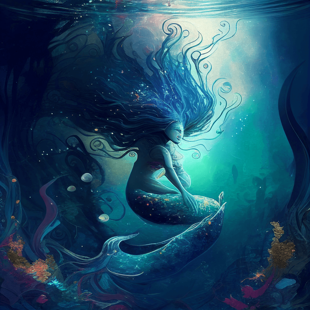 Painting of a mermaid swimming in the ocean.