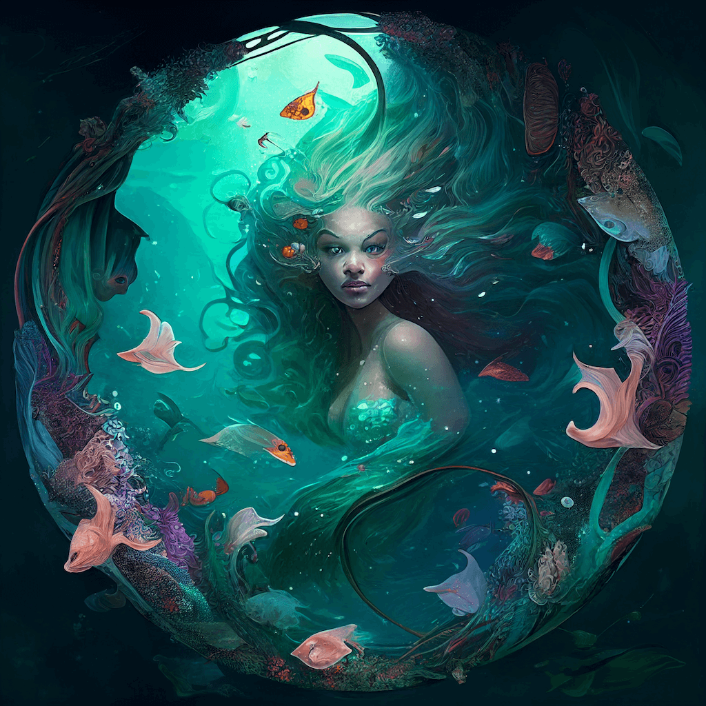 Painting of a mermaid surrounded by fish.