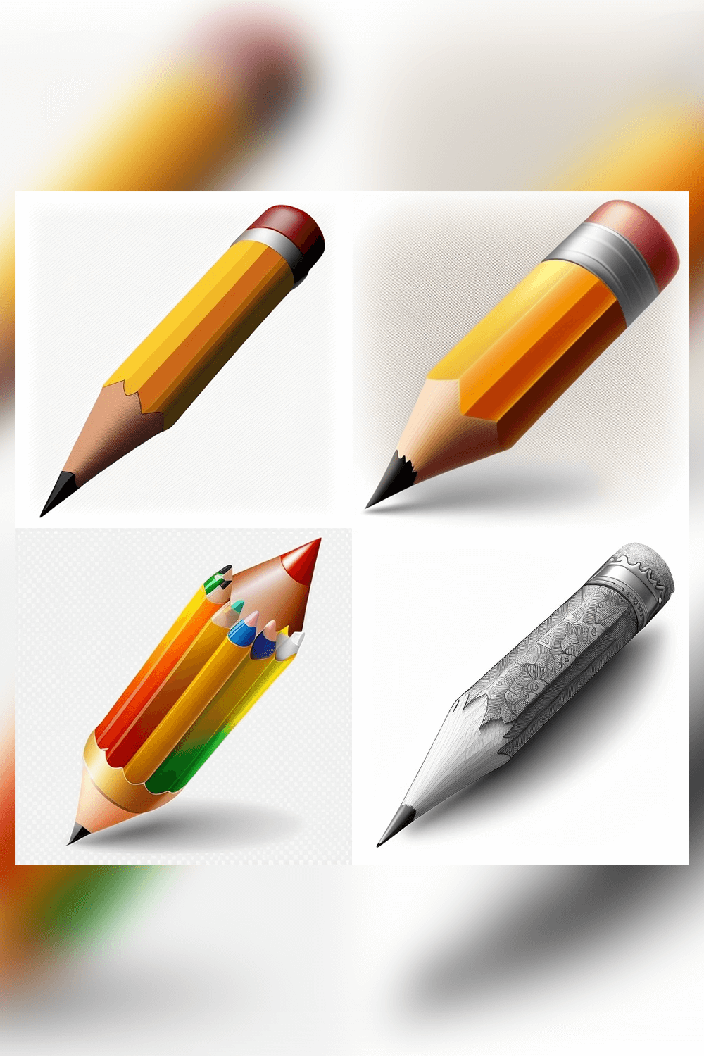 Four different colored pencils with a white background.