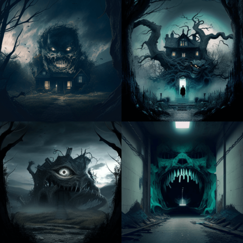 Set of four pictures of a creepy house.