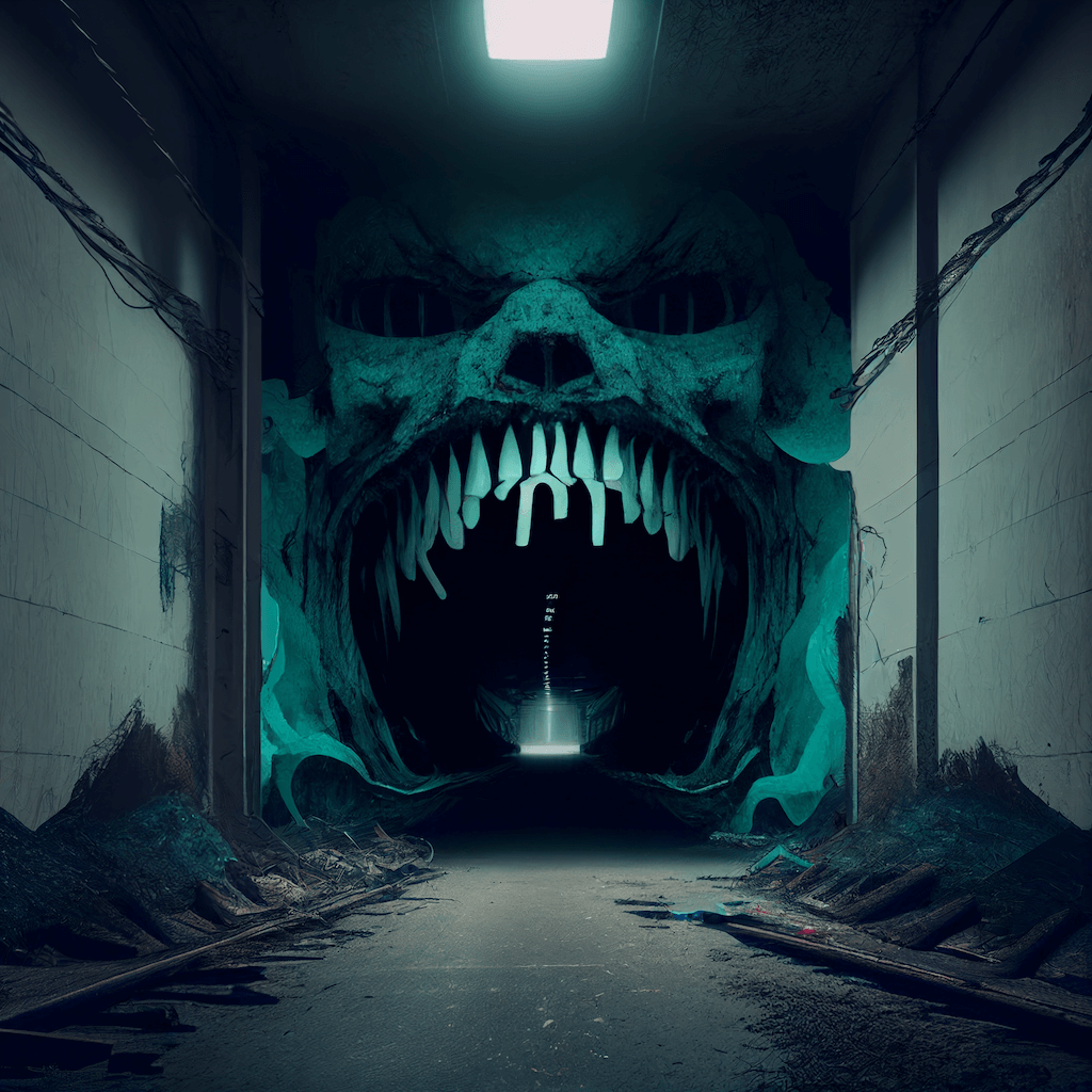 Dark tunnel with a giant monster head in the center.