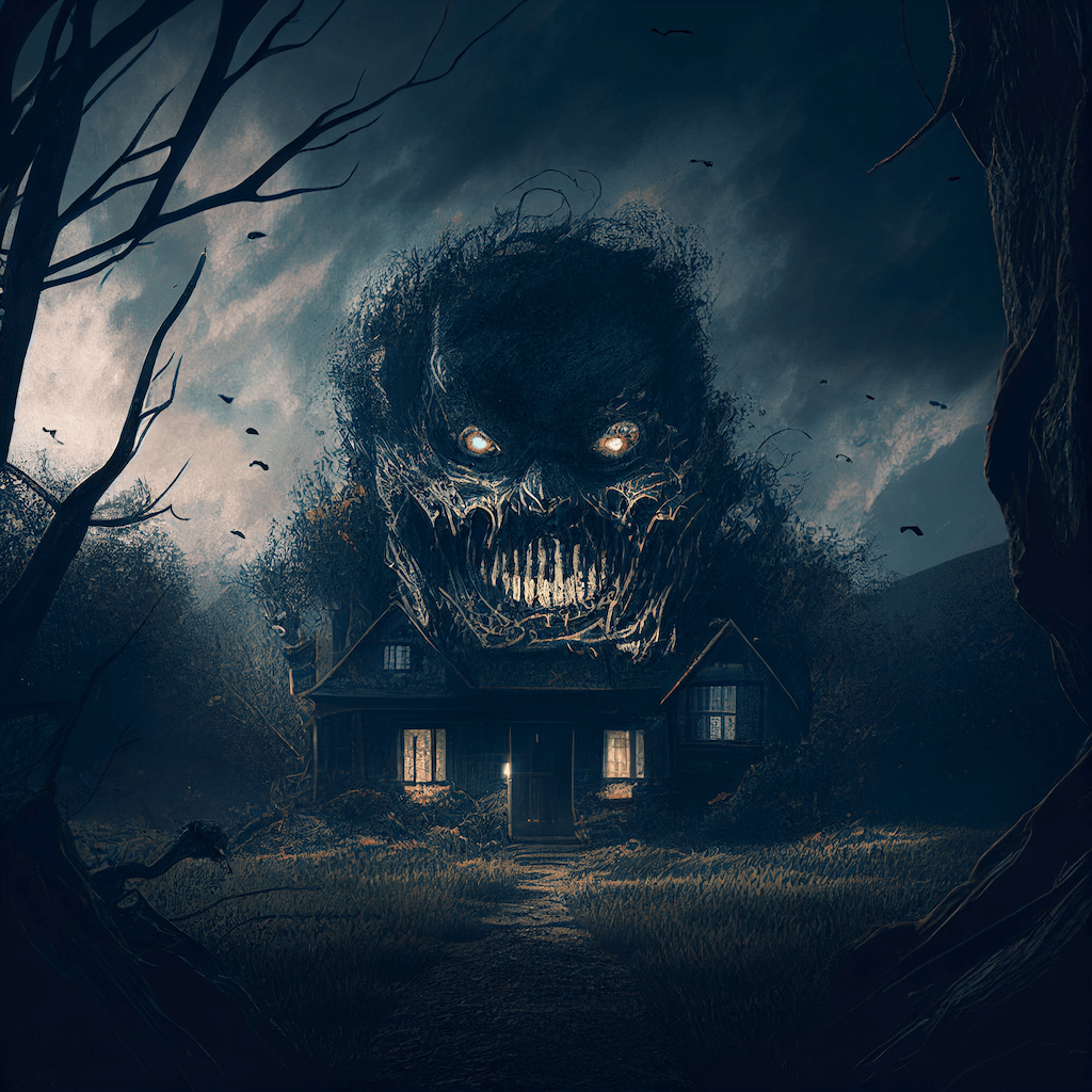 Creepy house with a creepy face on it.