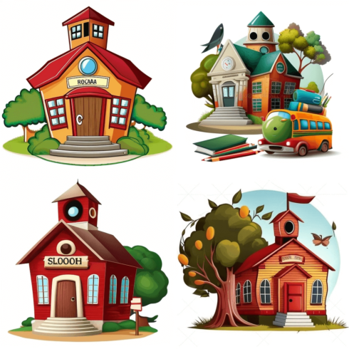 Set of four different houses with trees.