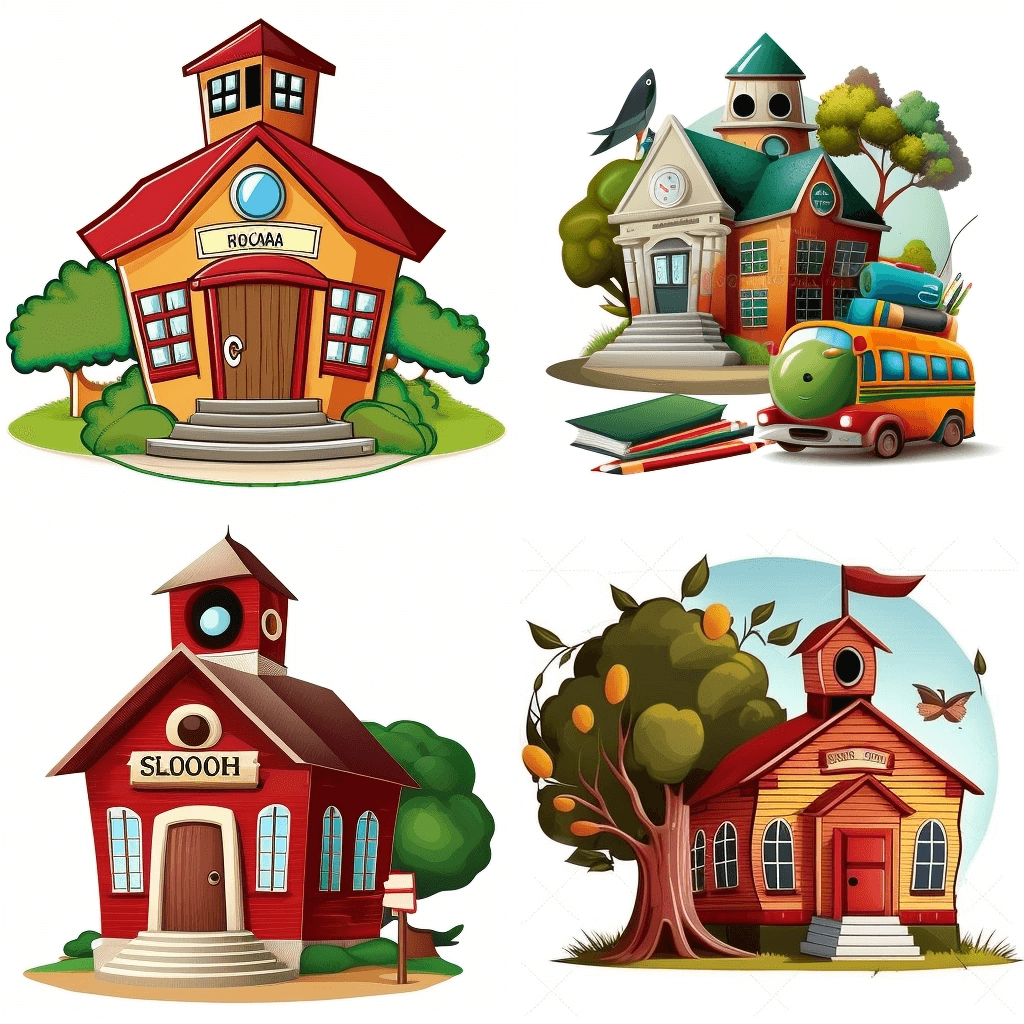 Set of four different houses with trees.