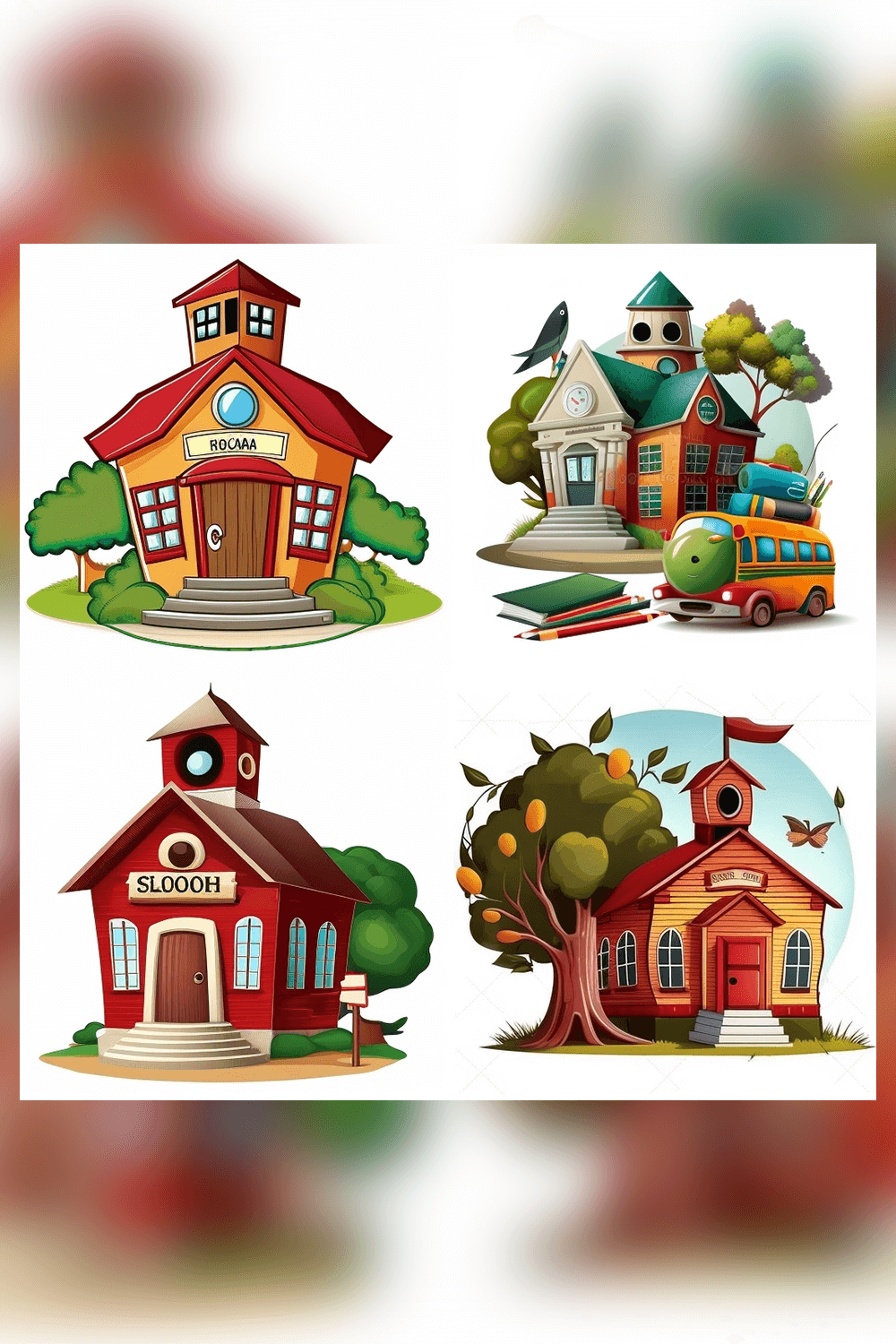 Set of four different houses with trees.