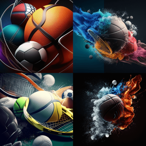 Series of four photos of different sports balls.