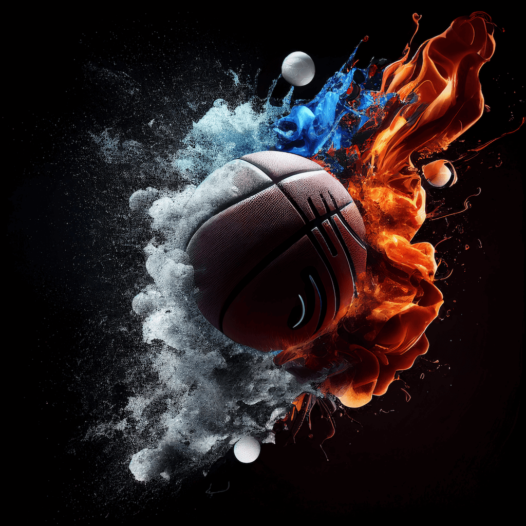 Basketball in the air with fire and water around it.
