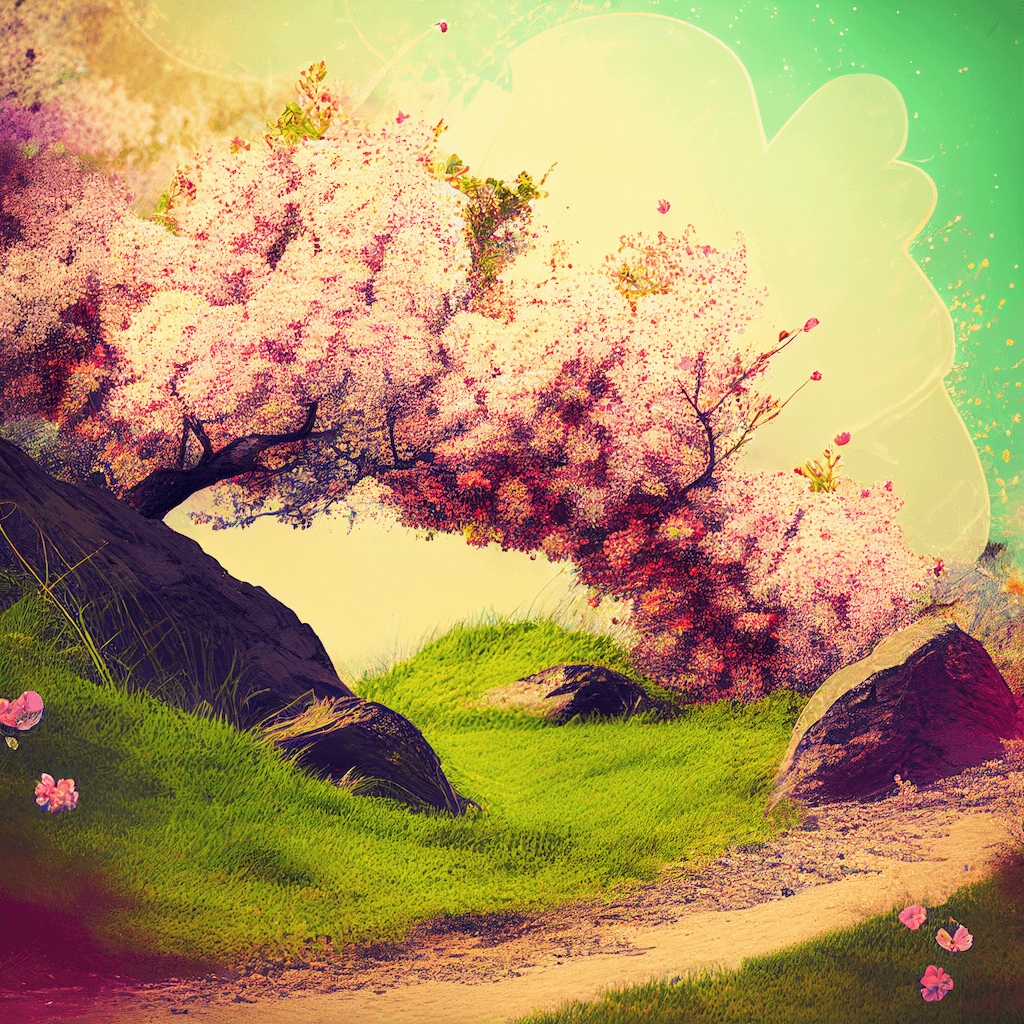 Painting of a tree with pink flowers on it.