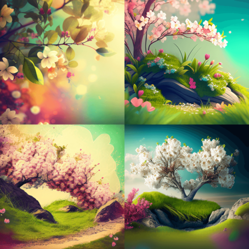 Painting of a tree in four different stages of blooming.