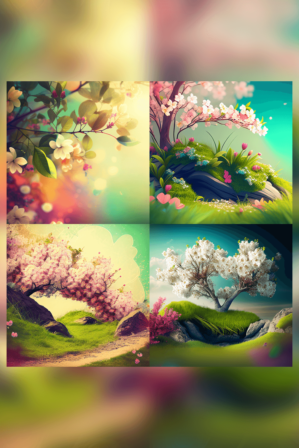 Series of four photos of trees and flowers.