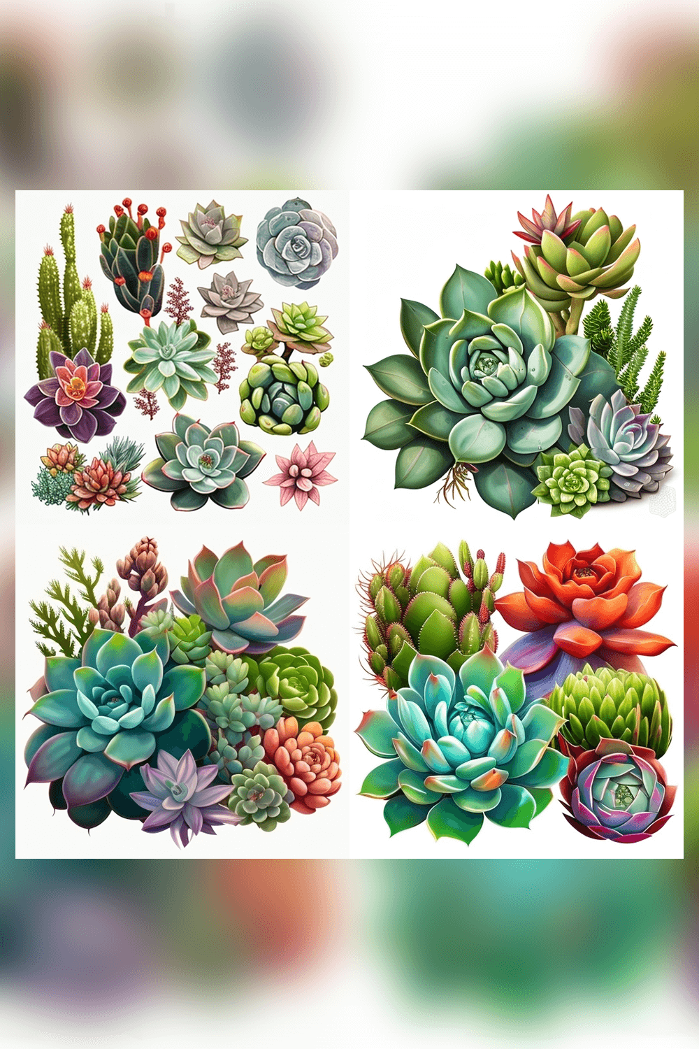 Variety of succulents are shown on a white background.