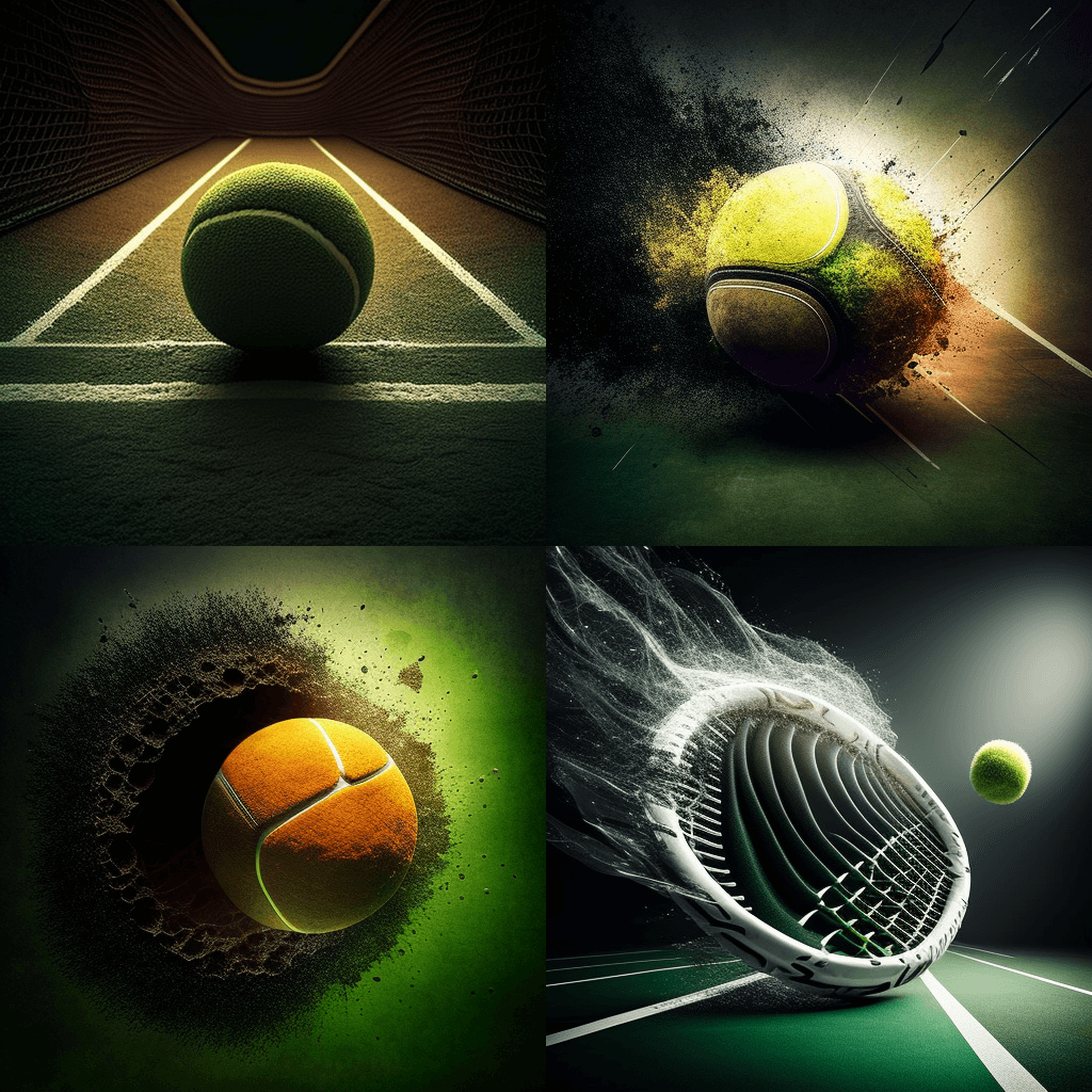Tennis racket hitting a tennis ball on a court.