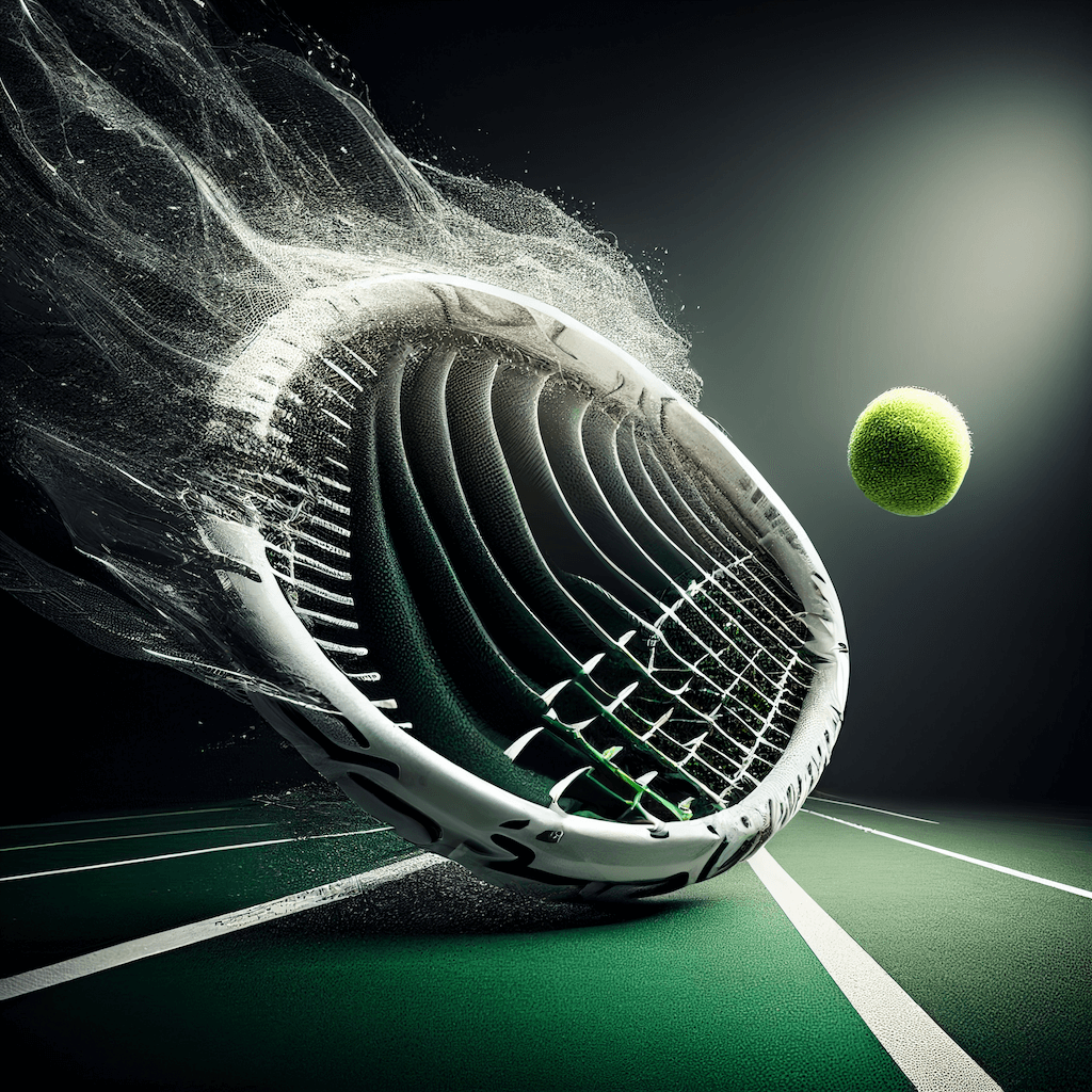 Tennis racket hitting a tennis ball on a court.