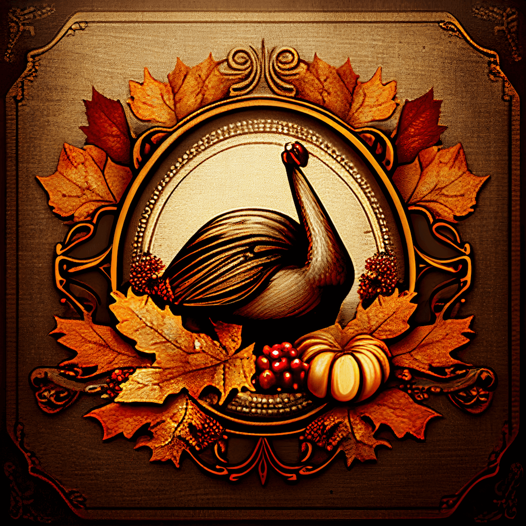 Painting of a turkey surrounded by autumn leaves.