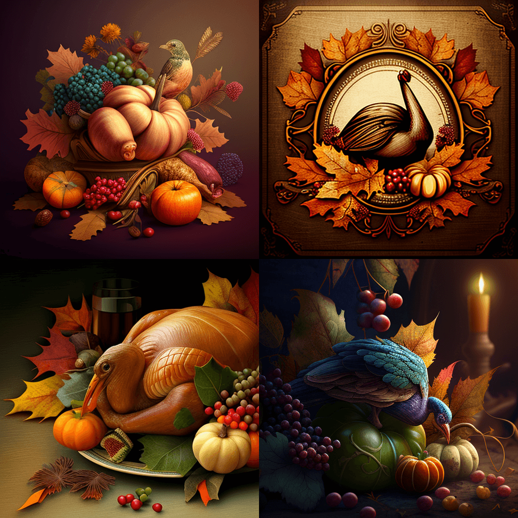 Painting of a turkey surrounded by autumn leaves and pumpkins.