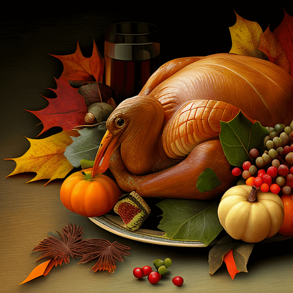 Turkey sitting on a plate surrounded by autumn leaves.