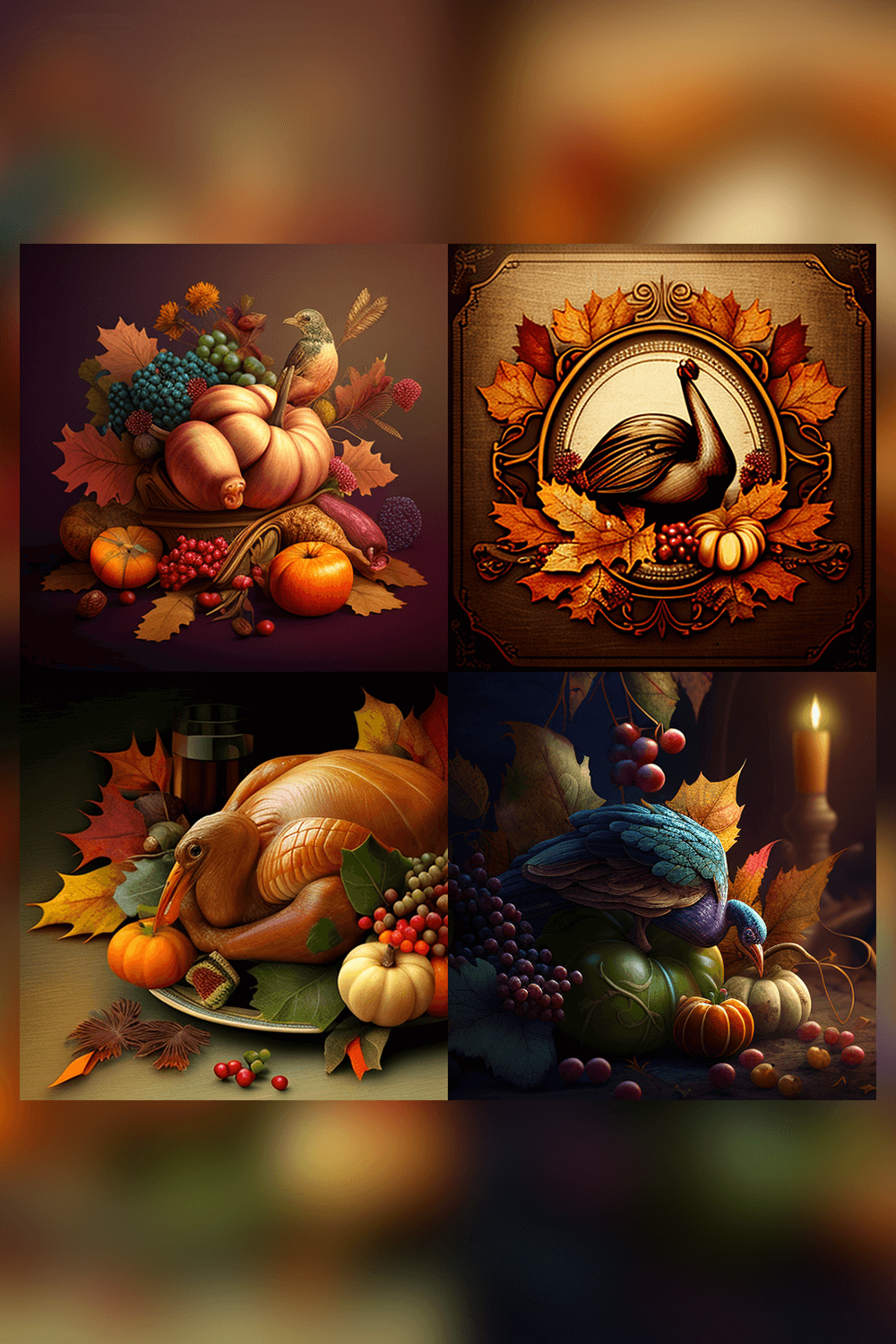Picture of a turkey surrounded by autumn leaves and pumpkins.