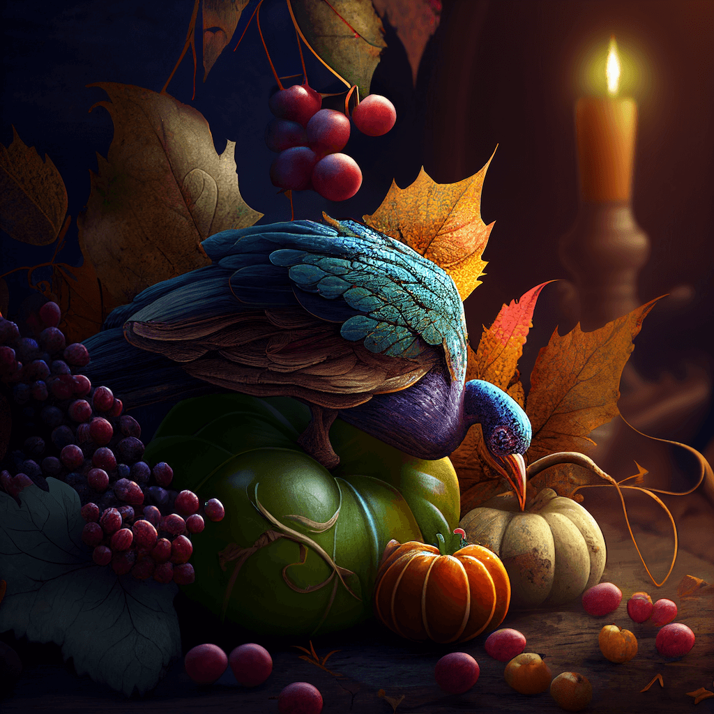 Painting of a bird sitting on a pumpkin.