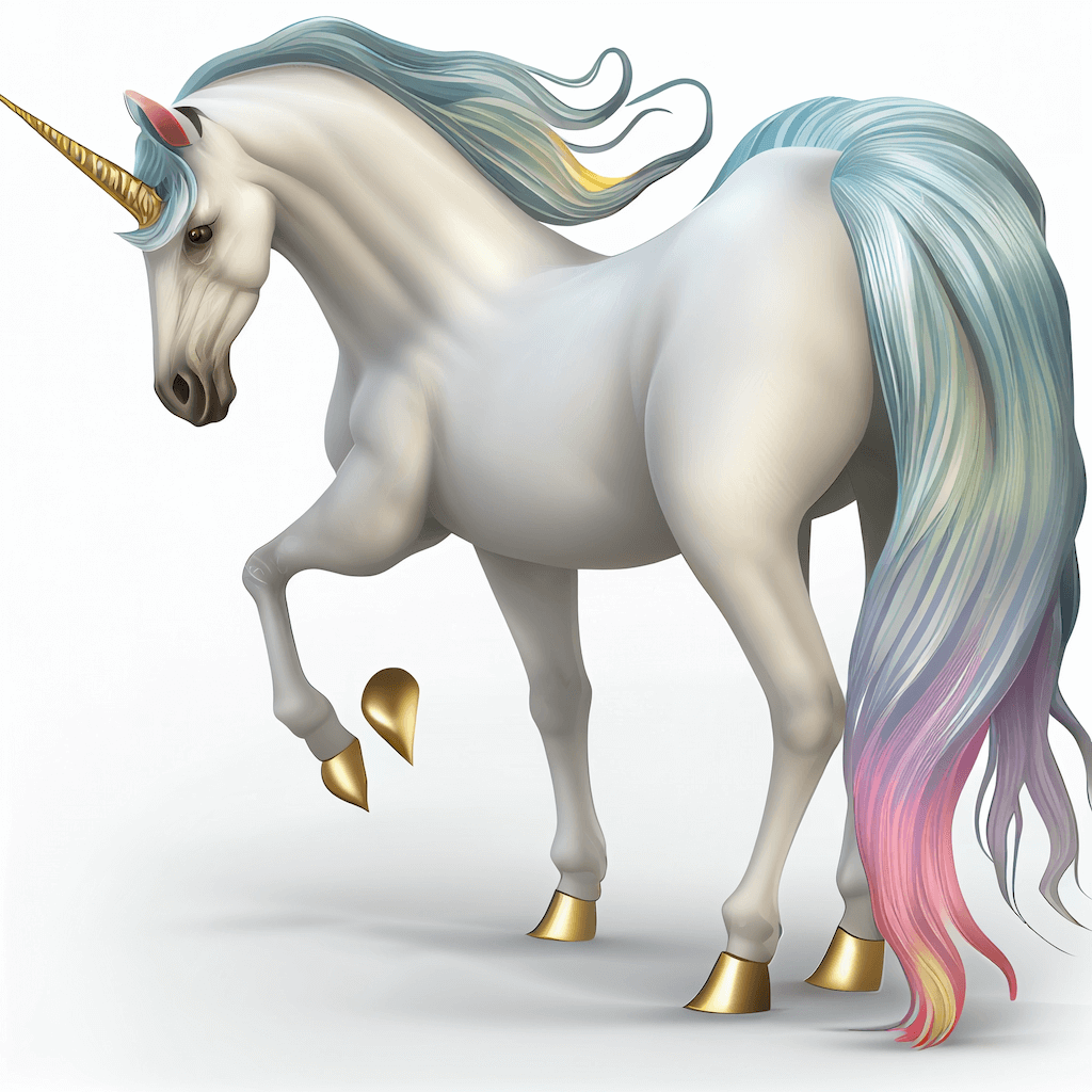 White unicorn with a blue mane and a gold horn.