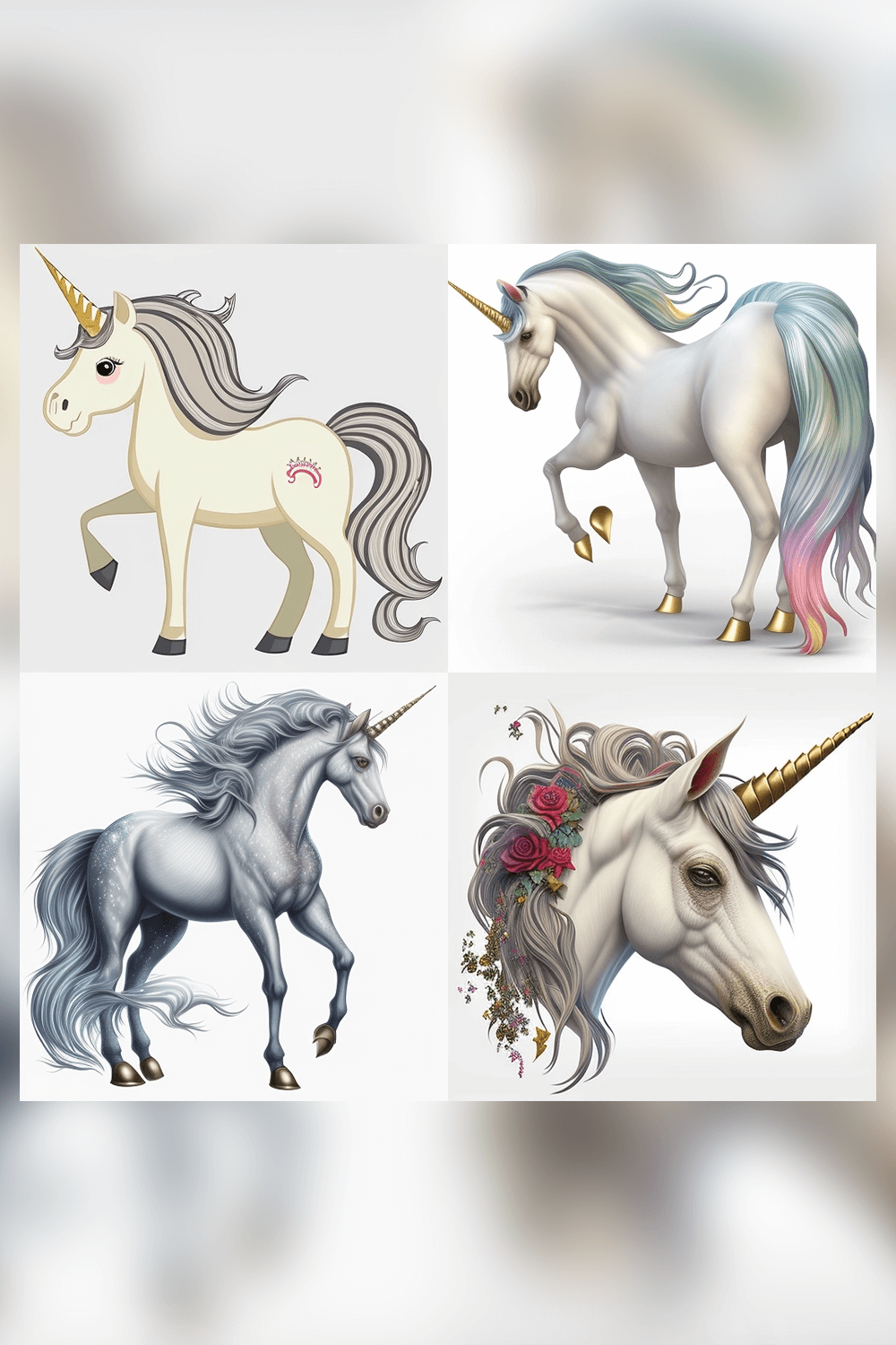 Series of four unicorns with different colored manes.