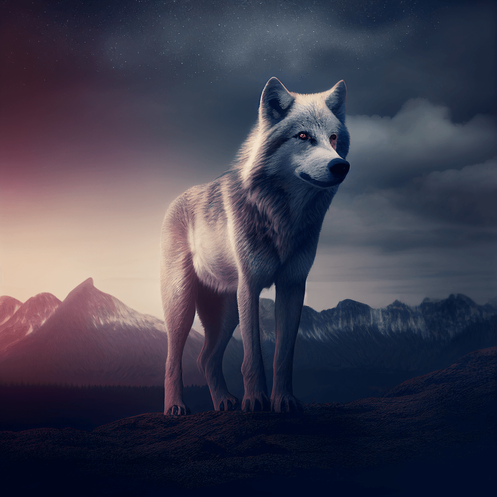 Wolf standing on top of a hill under a cloudy sky.