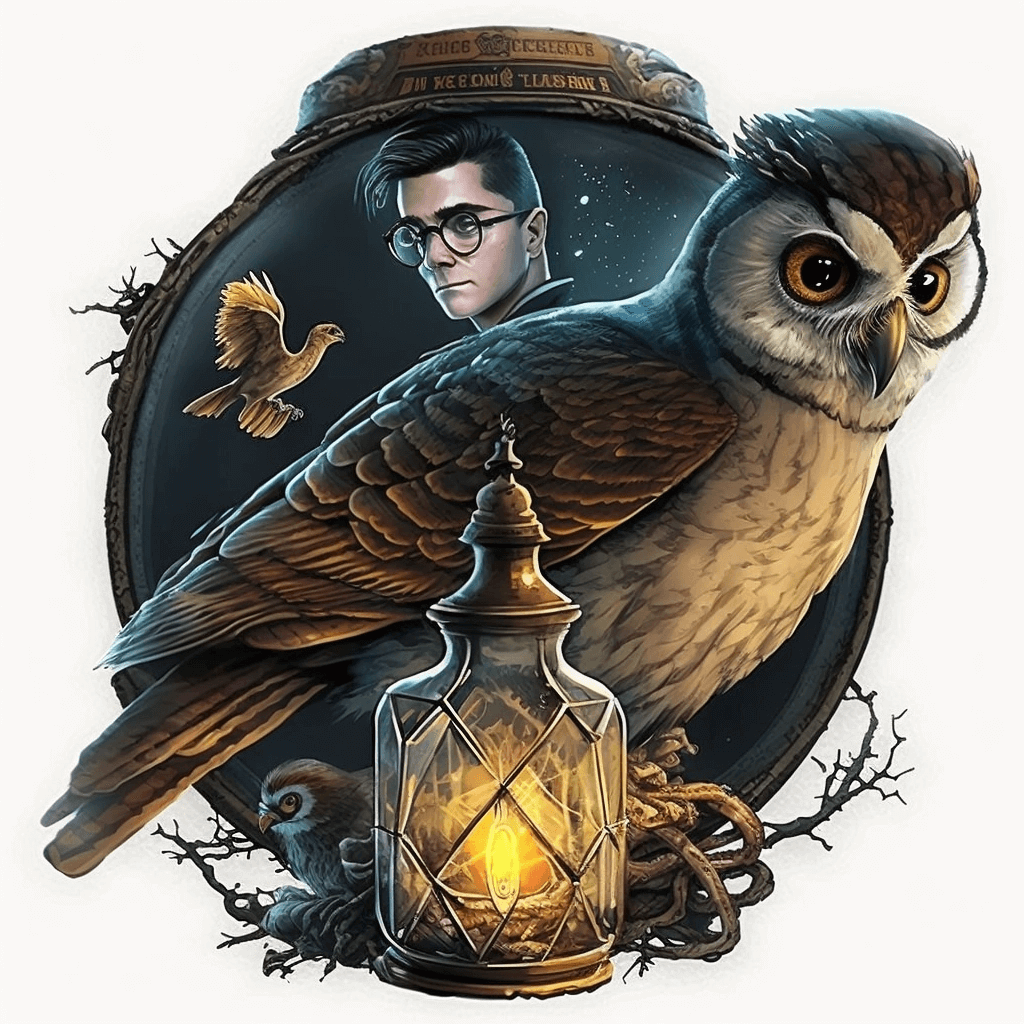 Drawing of a man and an owl with a lantern.