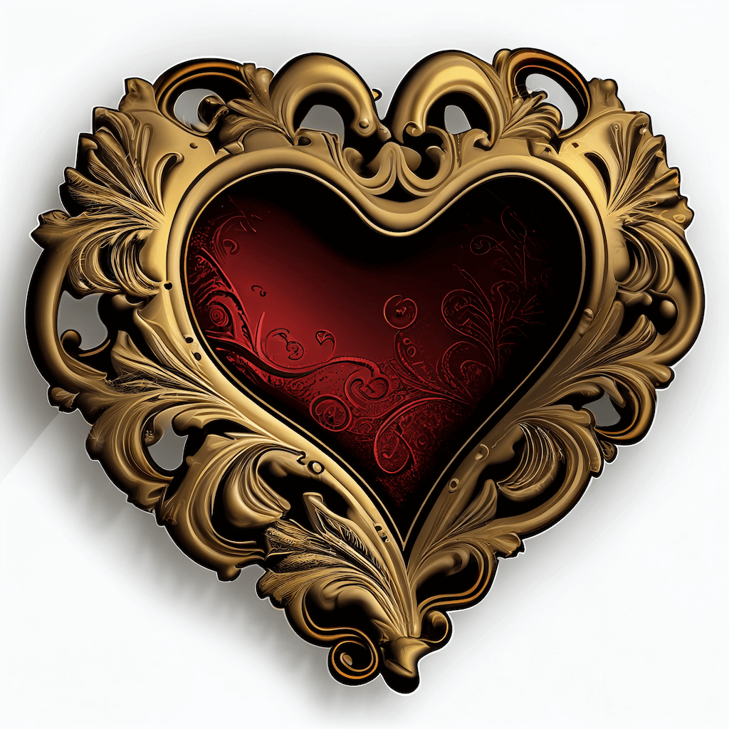 Golden heart shaped frame with a red background.