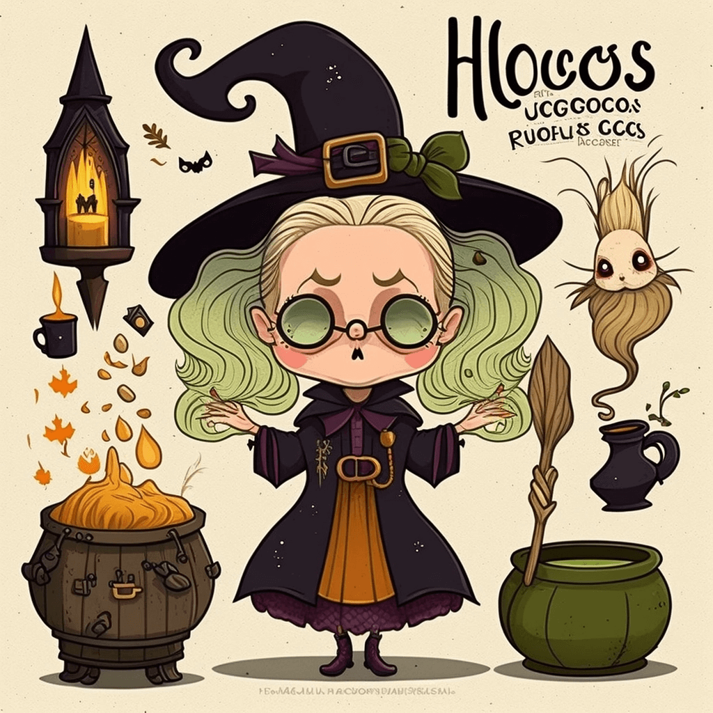 Cartoon of a witch with a pot and a caulder.