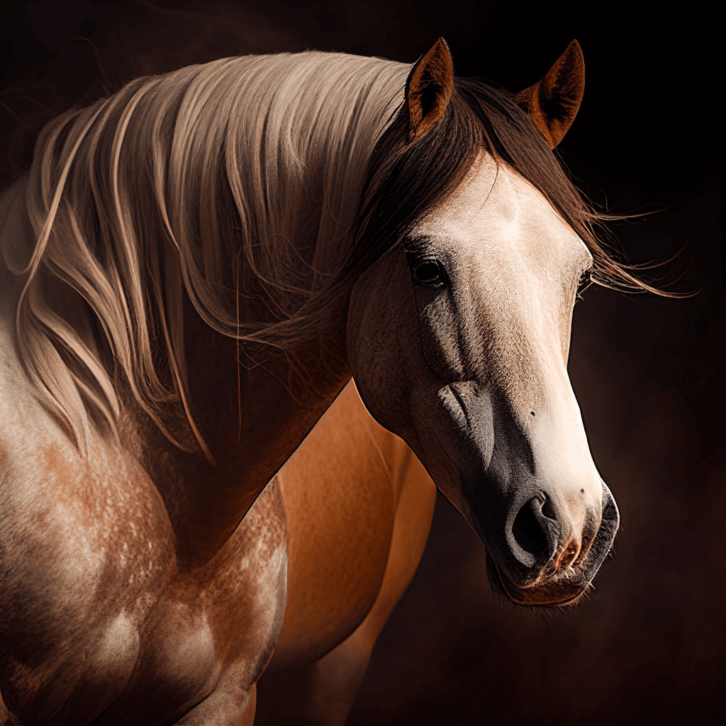 Brown and white horse with a black background.