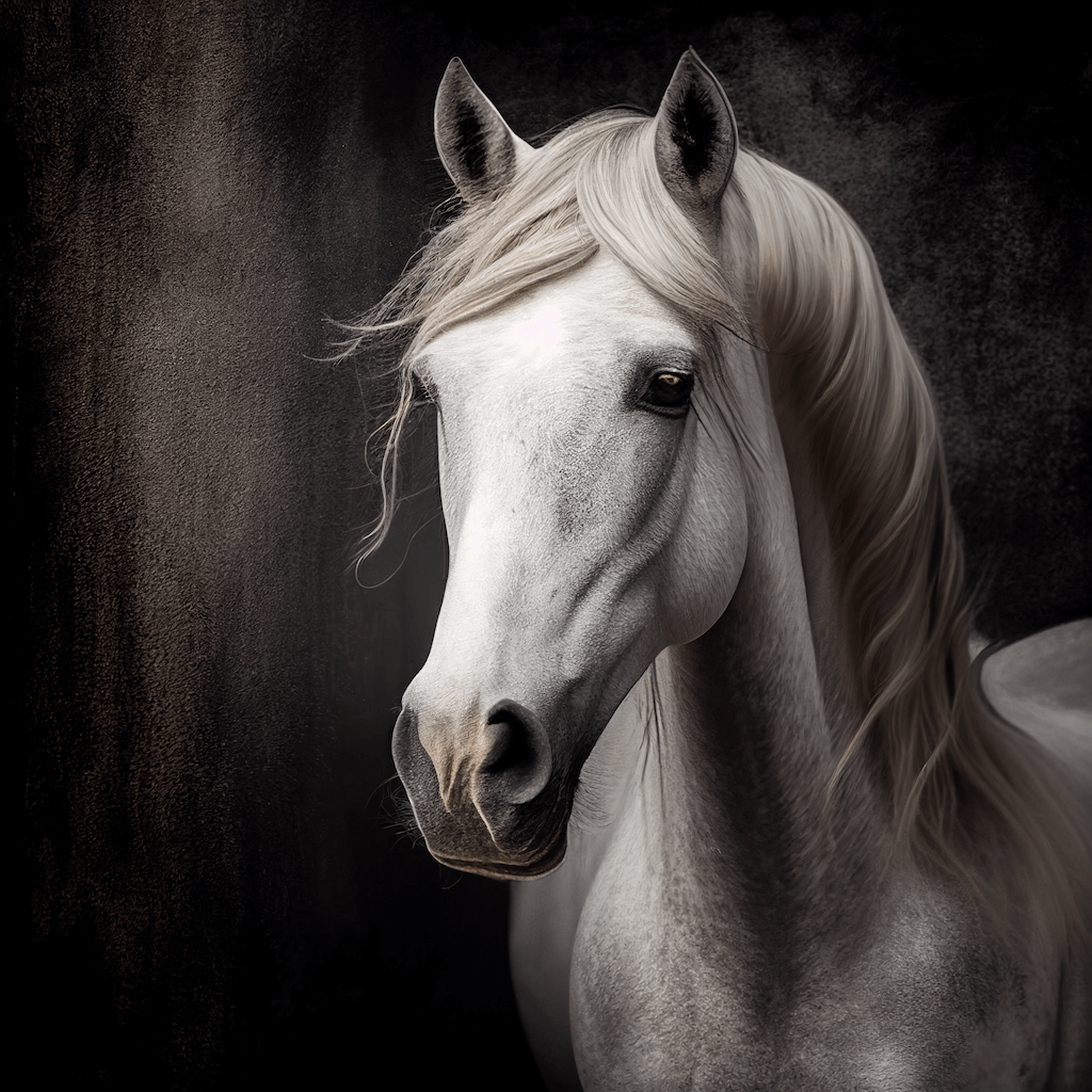 White horse with blonde hair standing in front of a black background.