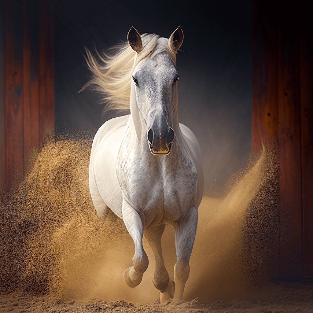 White horse running through a sandy area.