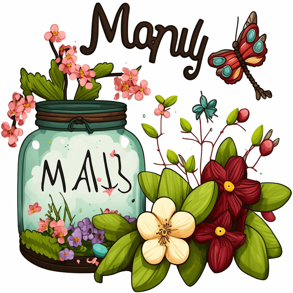 Jar with flowers and a butterfly on a white background.