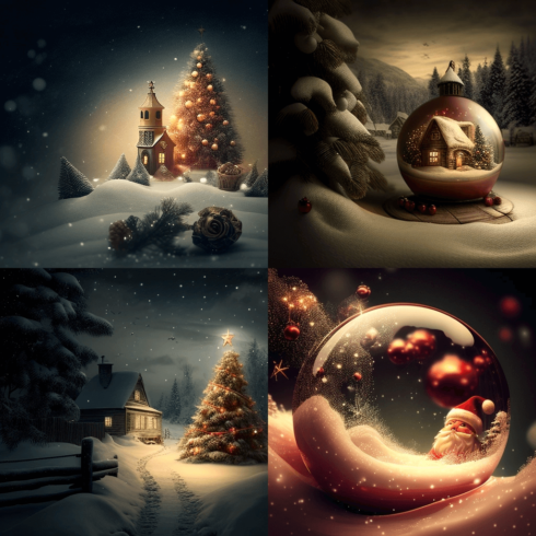 Christmas scene with a snow globe and a christmas tree.