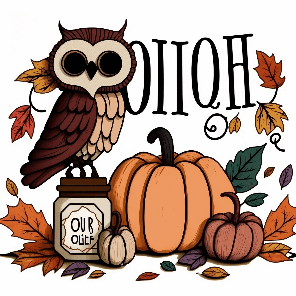 Owl sitting on top of a jar next to a pumpkin.