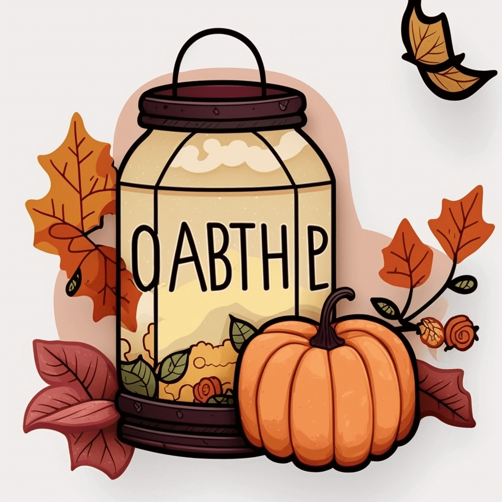 Glass jar filled with a liquid surrounded by autumn leaves.